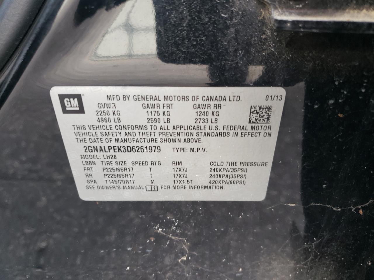 2013 Chevrolet Equinox Lt VIN: 2GNALPEK3D6261979 Lot: 63013585