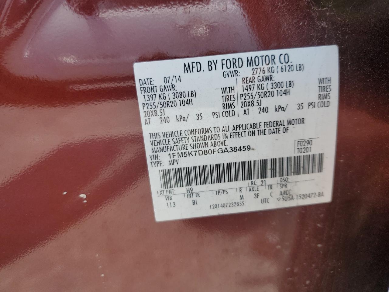 FORD EXPLORER 2015 VIN 1FM5K7D80FGA38459 photo 13