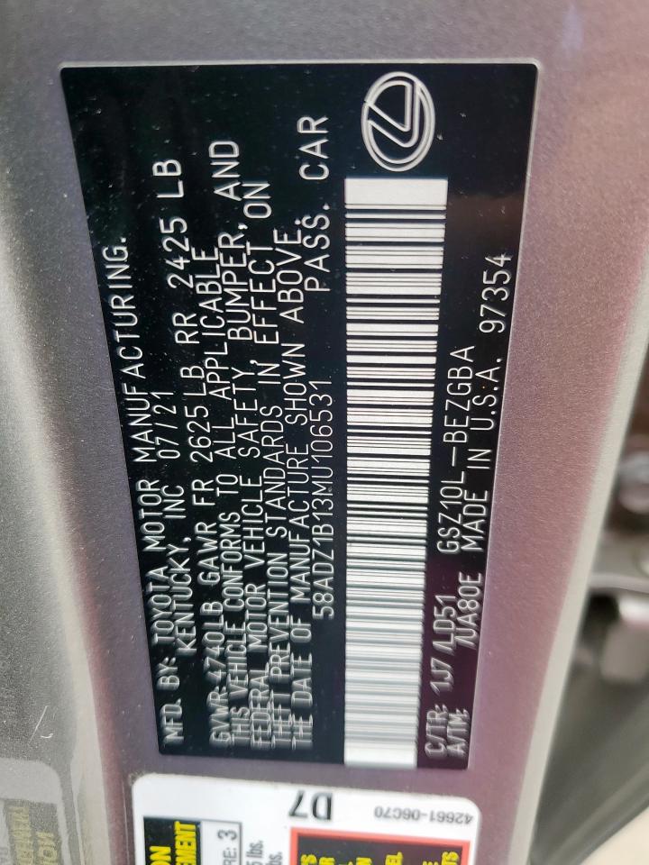 2021 Lexus Es 350 Base VIN: 58ADZ1B13MU106531 Lot: 60190895