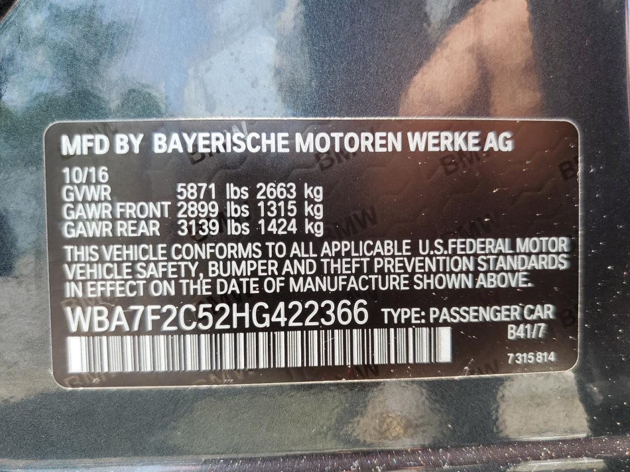 2017 BMW 750 Xi VIN: WBA7F2C52HG422366 Lot: 62062955