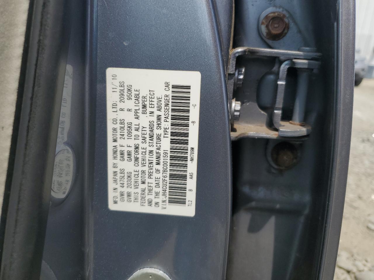 2011 Acura Tsx VIN: JH4CU2F67BC001591 Lot: 62268715