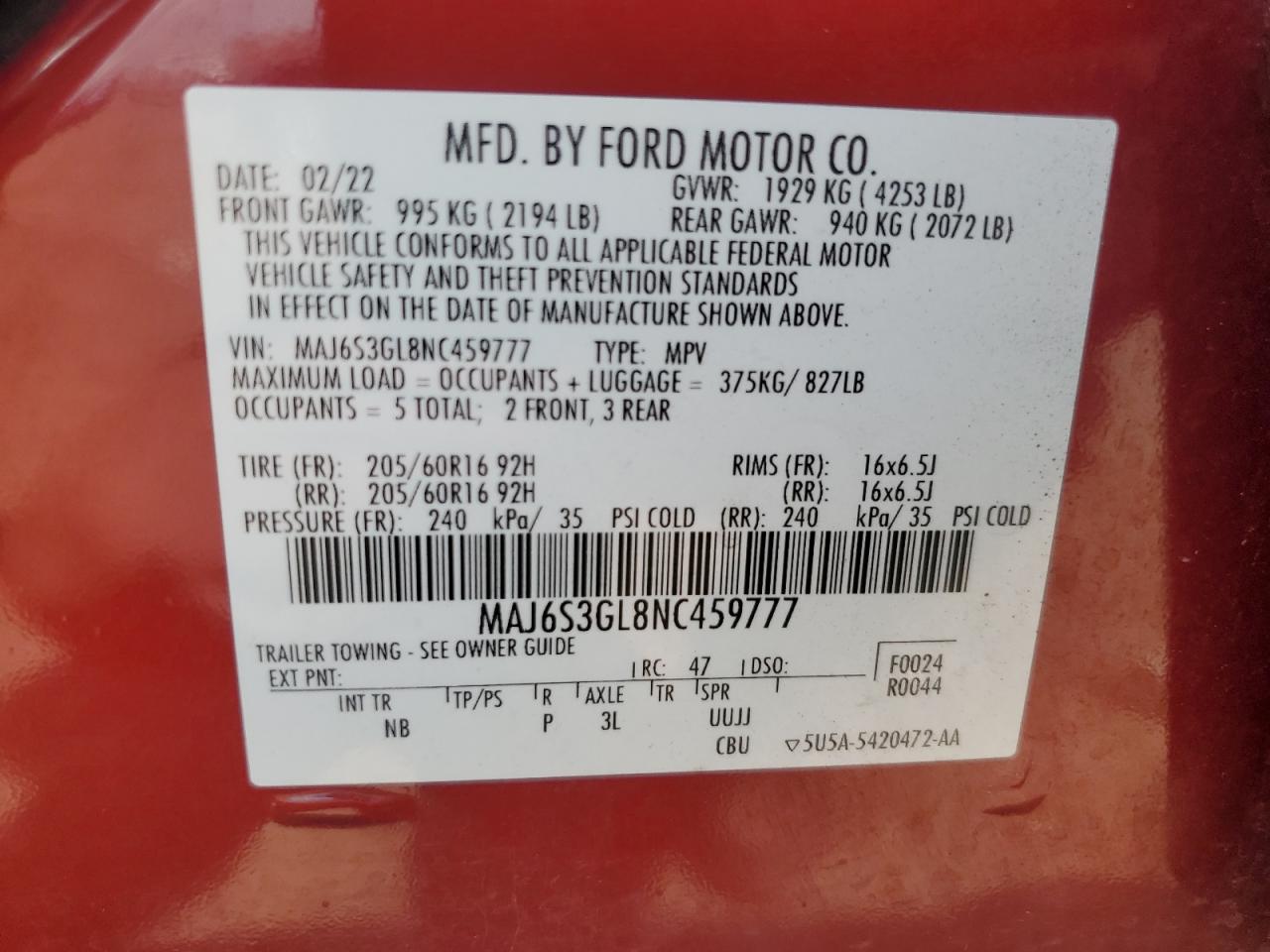 2022 Ford Ecosport Se VIN: MAJ6S3GL8NC459777 Lot: 62595555