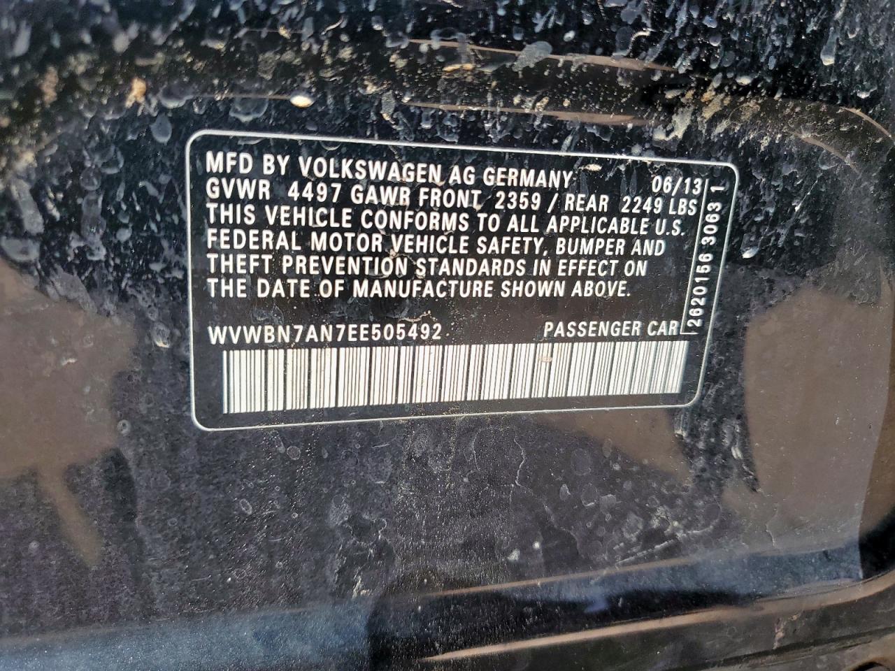 2014 Volkswagen Cc Sport VIN: WVWBN7AN7EE505492 Lot: 61676345