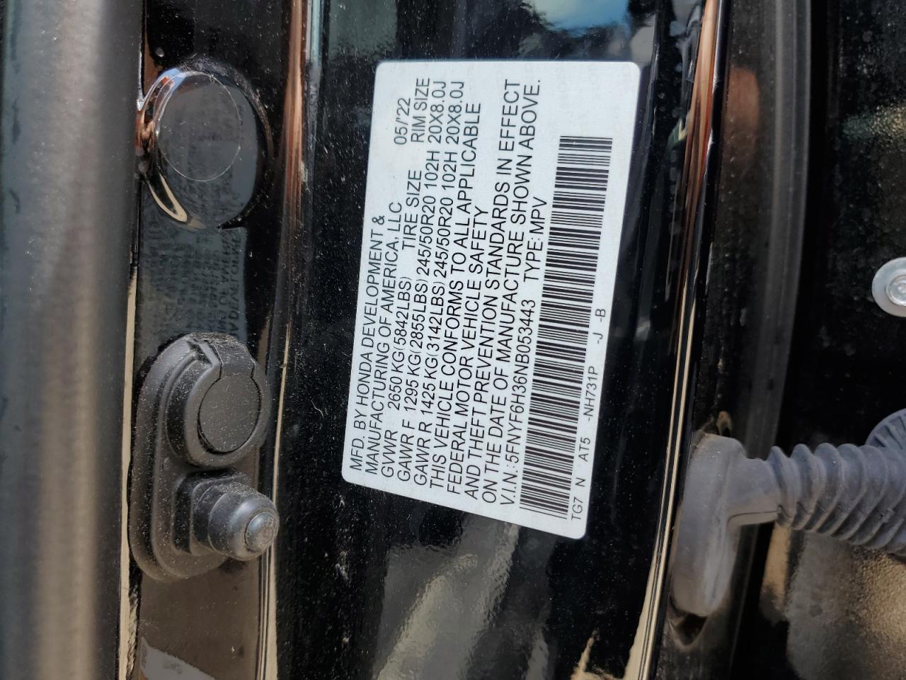 2022 Honda Pilot Sport VIN: 5FNYF6H36NB053443 Lot: 62113585