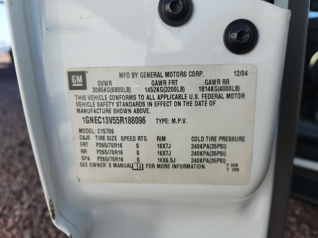 2005 Chevrolet Tahoe C1500 VIN: 1GNEC13V55R188096 Lot: 60110435