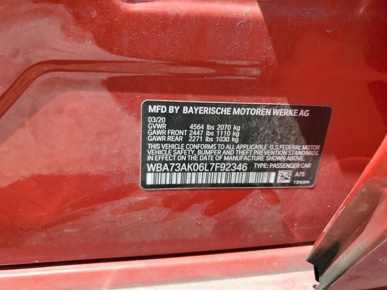 2020 BMW 228Xi VIN: WBA73AK06L7F92346 Lot: 60780065