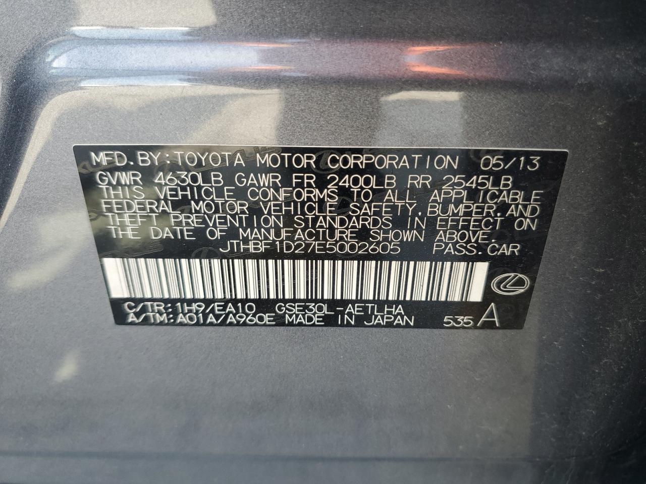 2014 Lexus Is 250 VIN: JTHBF1D27E5002605 Lot: 63086175