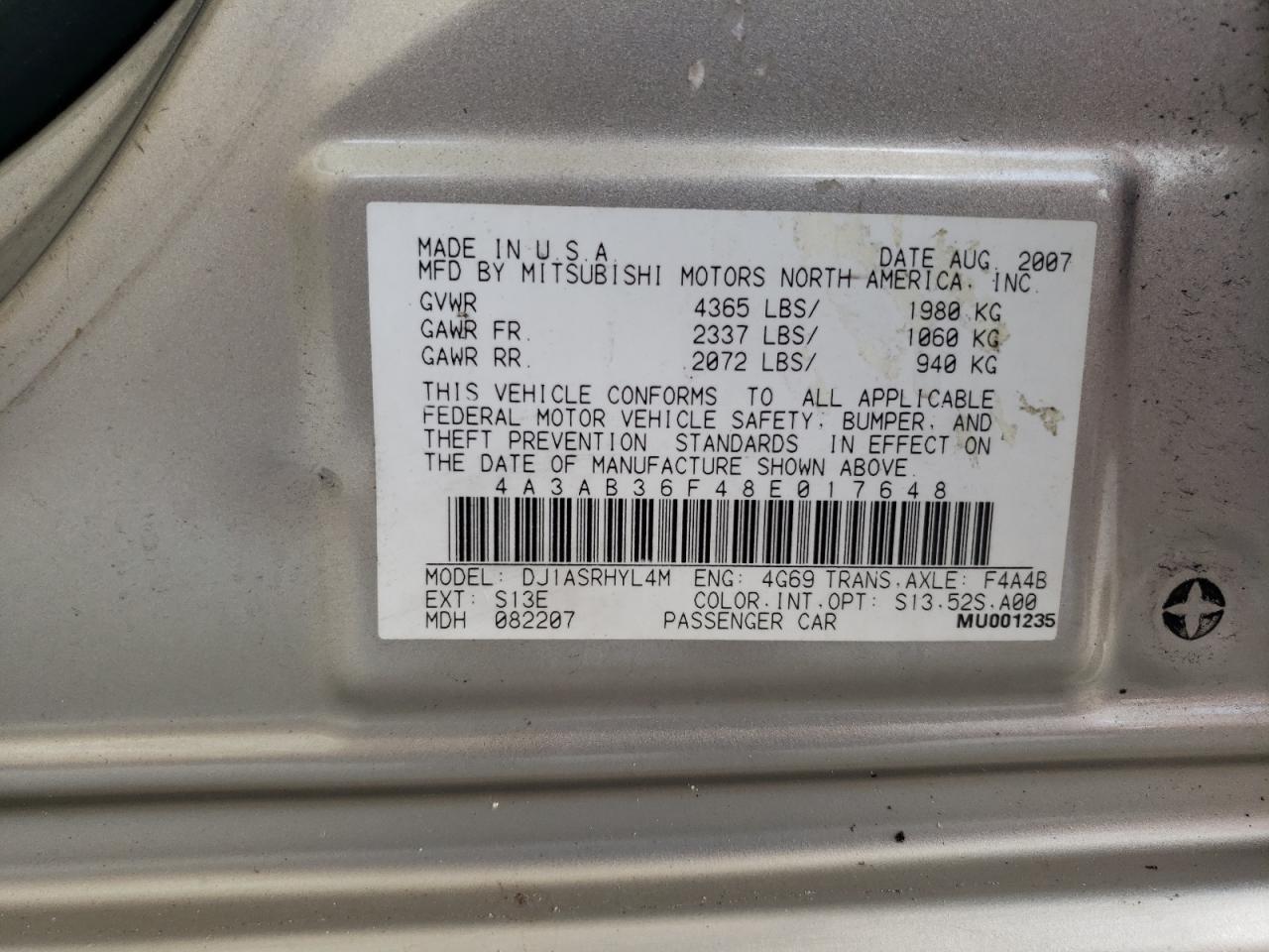 2008 Mitsubishi Galant Es VIN: 4A3AB36F48E017648 Lot: 60661295