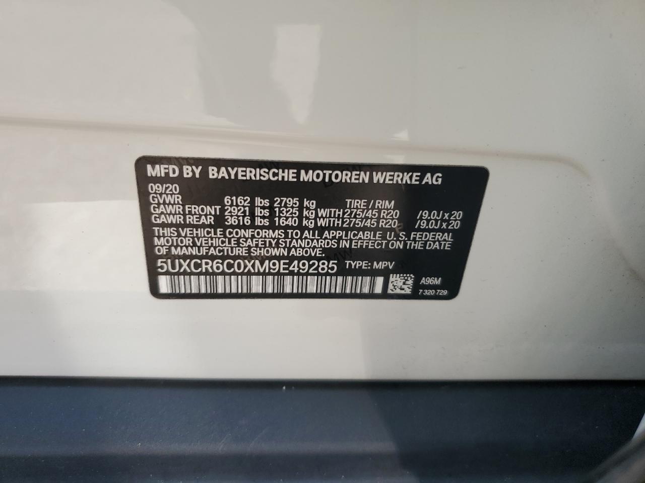 2021 BMW X5 xDrive40I VIN: 5UXCR6C0XM9E49285 Lot: 60897325