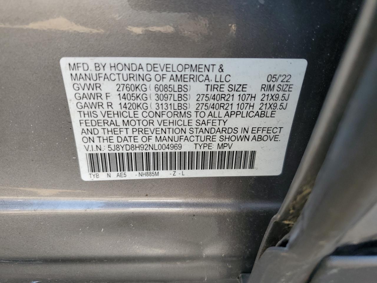 2022 Acura Mdx Type S VIN: 5J8YD8H92NL004969 Lot: 59863045