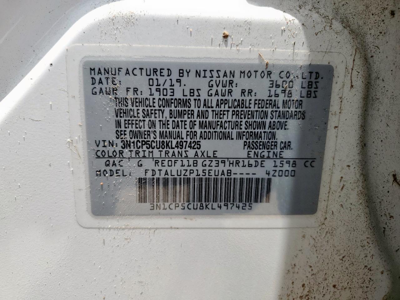 2019 Nissan Kicks S VIN: 3N1CP5CU8KL497425 Lot: 61382615