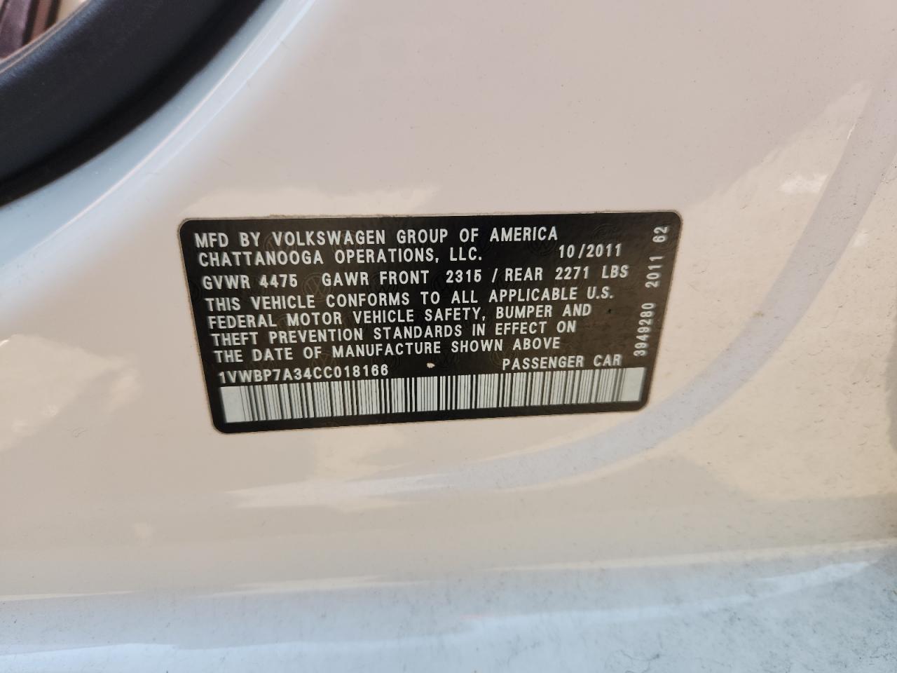2012 Volkswagen Passat Se VIN: 1VWBP7A34CC018166 Lot: 62907735