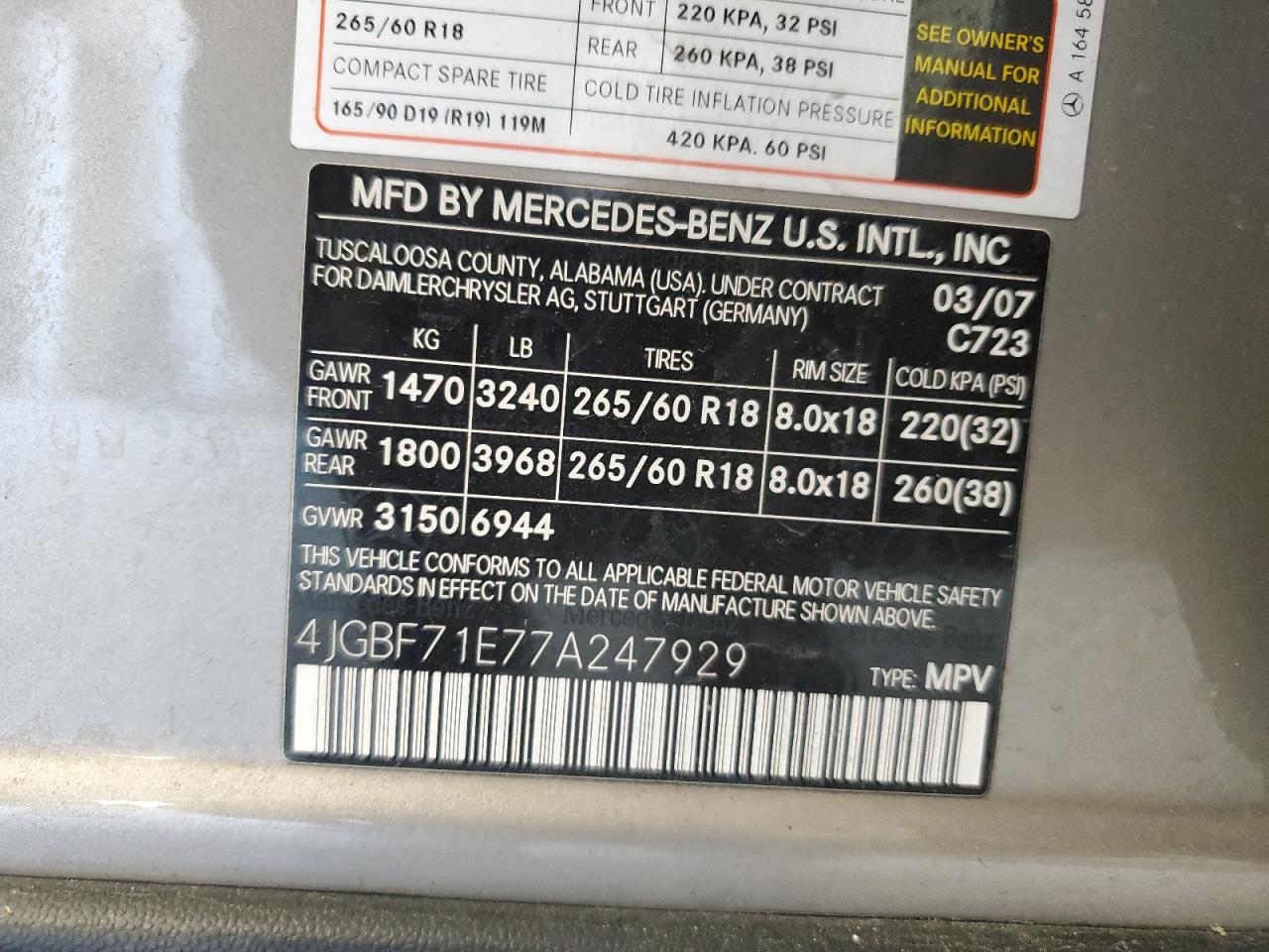 2007 Mercedes-Benz Gl 450 4Matic VIN: 4JGBF71E77A247929 Lot: 61306185