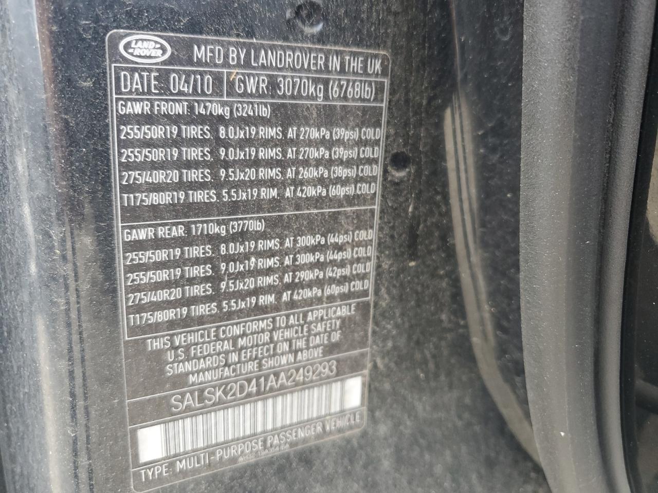 2010 Land Rover Range Rover Sport Lux VIN: SALSK2D41AA249293 Lot: 61555505