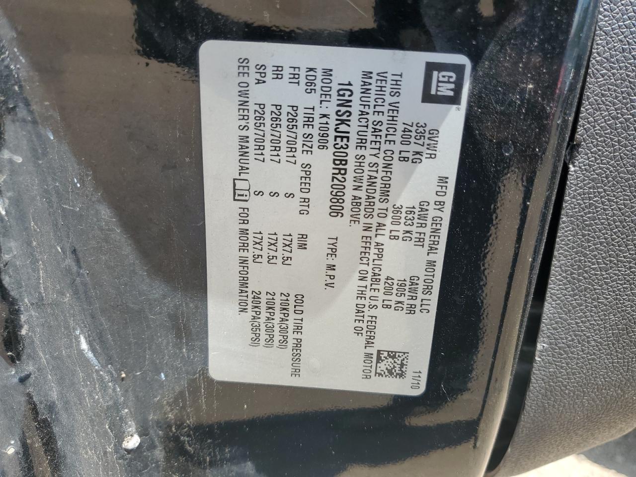 2011 Chevrolet Suburban K1500 Lt VIN: 1GNSKJE30BR209806 Lot: 62532065