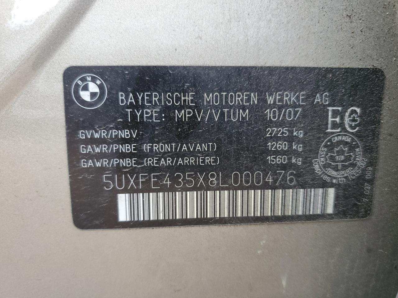 2008 BMW X5 3.0I VIN: 5UXFE435X8L000476 Lot: 61091675
