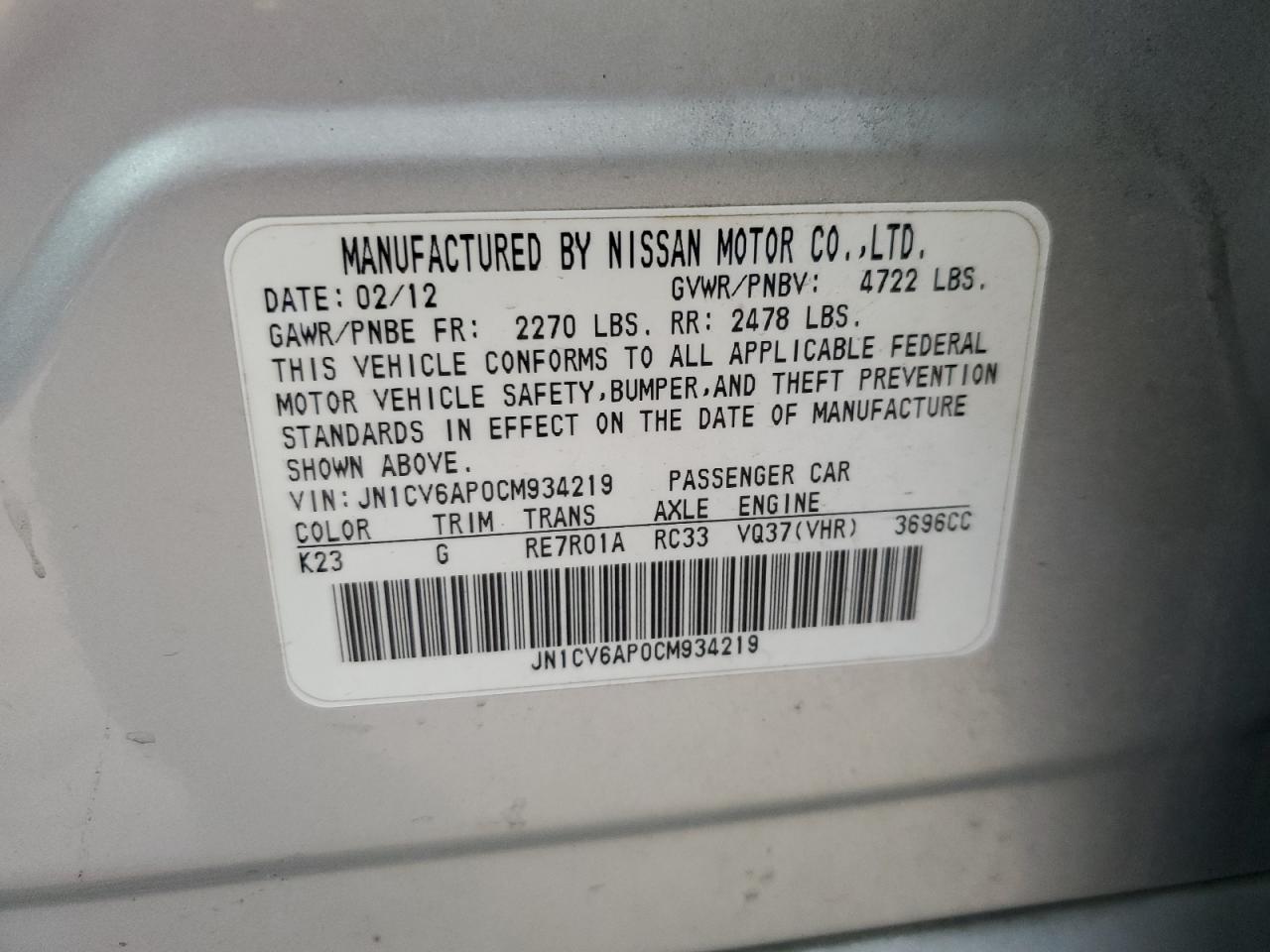 2012 Infiniti G37 Base VIN: JN1CV6AP0CM934219 Lot: 62846525