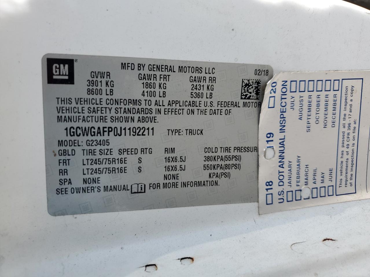 2018 Chevrolet Express G2500 VIN: 1GCWGAFP0J1192211 Lot: 61139665