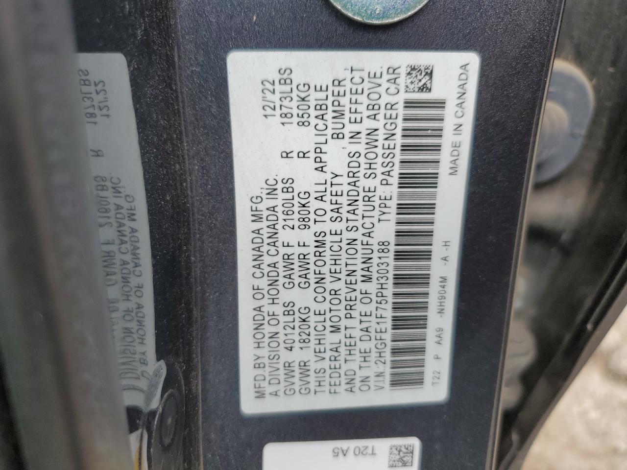 2023 Honda Civic Ex VIN: 2HGFE1F75PH303188 Lot: 59876155