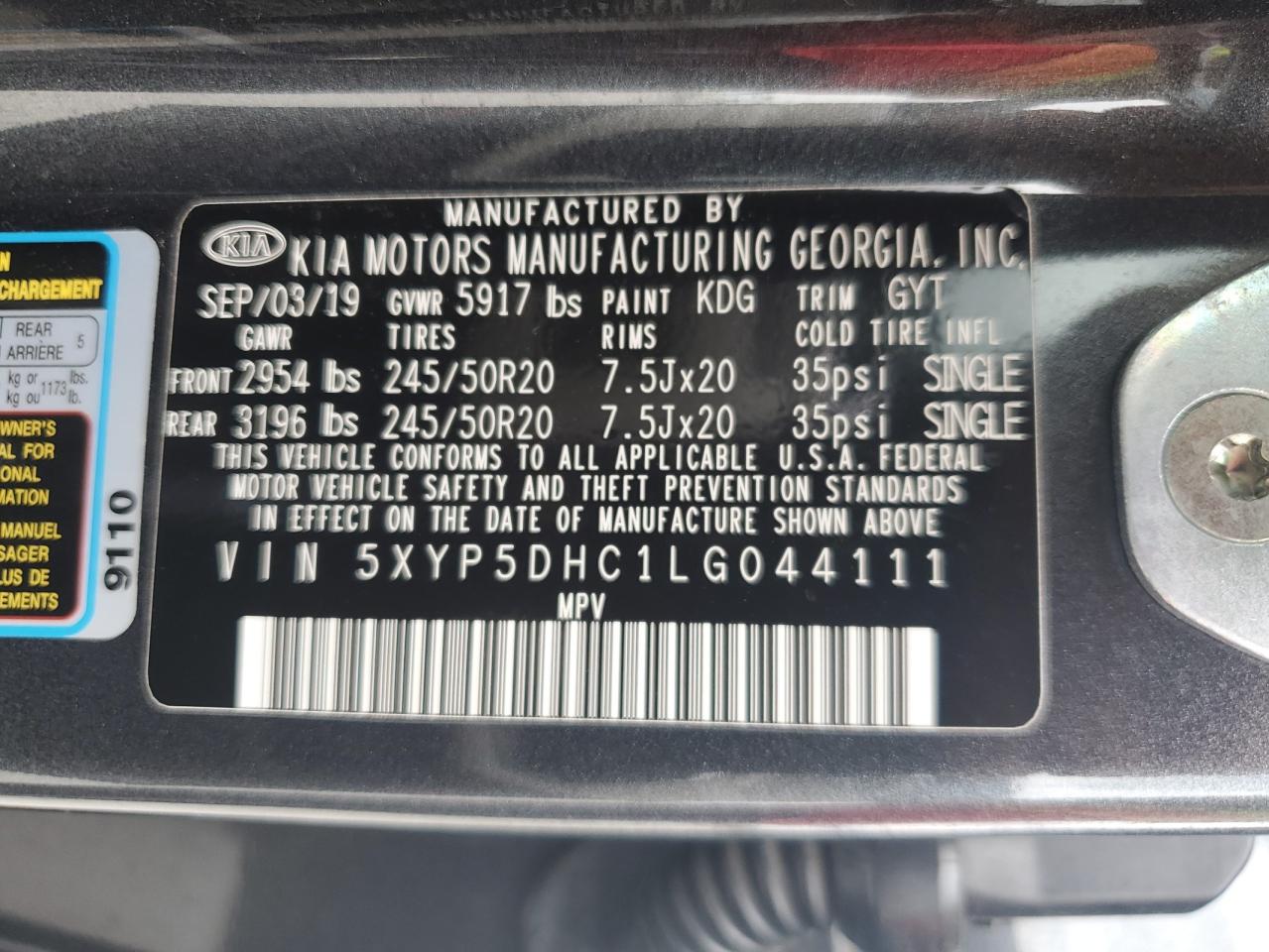 2020 Kia Telluride Sx VIN: 5XYP5DHC1LG044111 Lot: 62827225