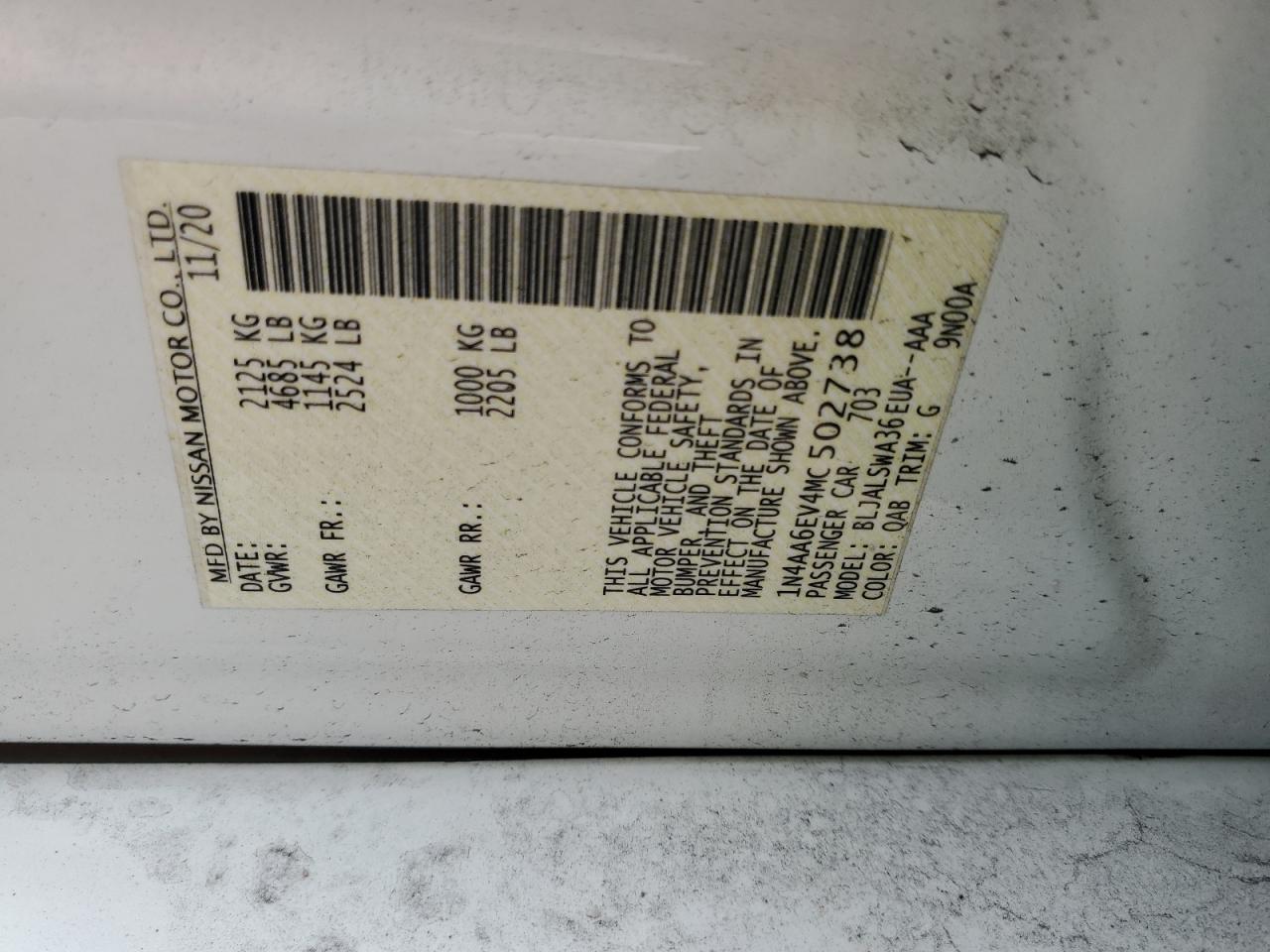 2021 Nissan Maxima Sr VIN: 1N4AA6EV4MC502738 Lot: 62702615