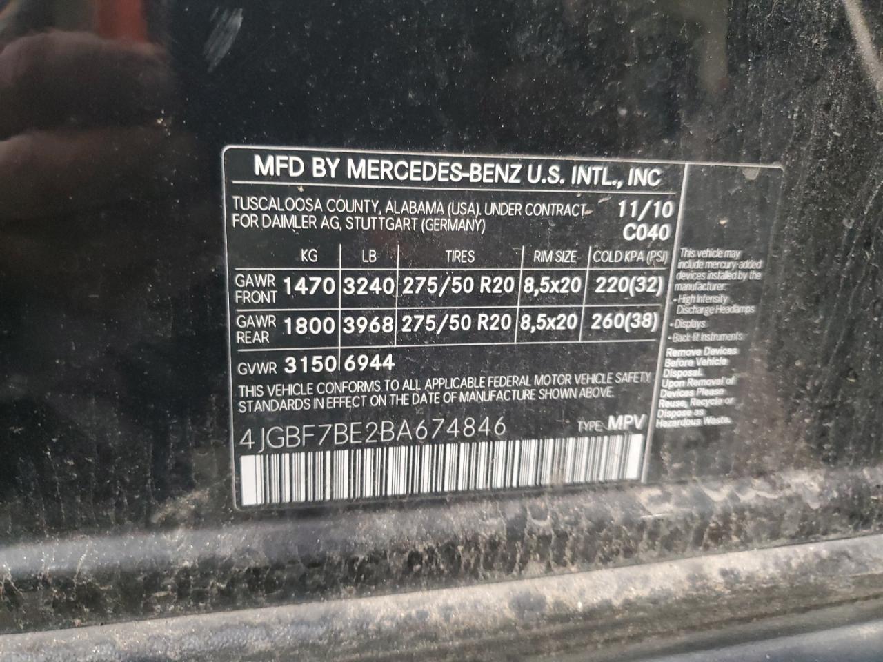 2011 Mercedes-Benz Gl 450 4Matic VIN: 4JGBF7BE2BA674846 Lot: 60871805