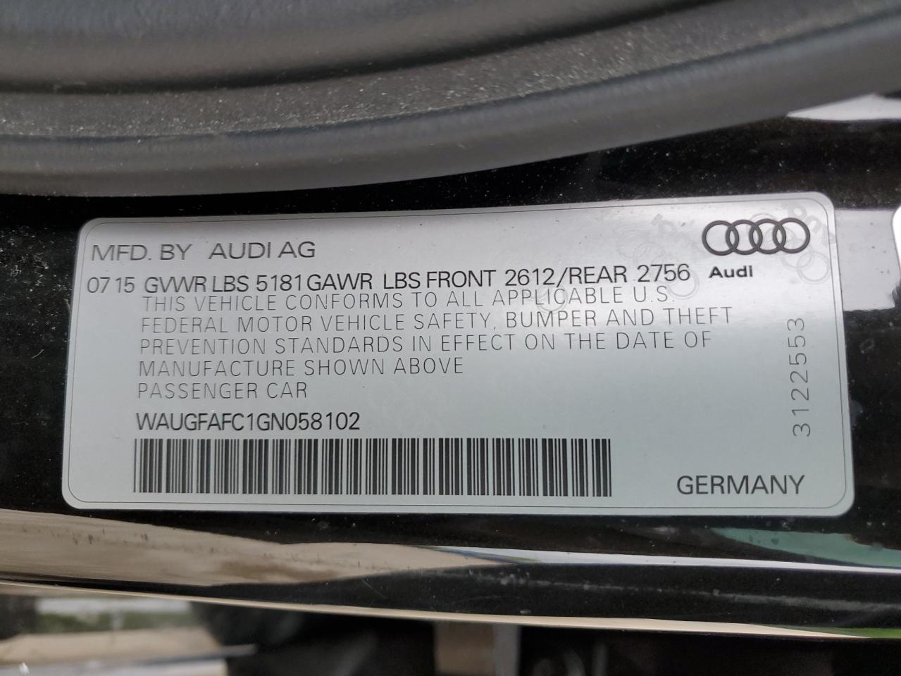 2016 Audi A6 Premium Plus VIN: WAUGFAFC1GN058102 Lot: 60285585