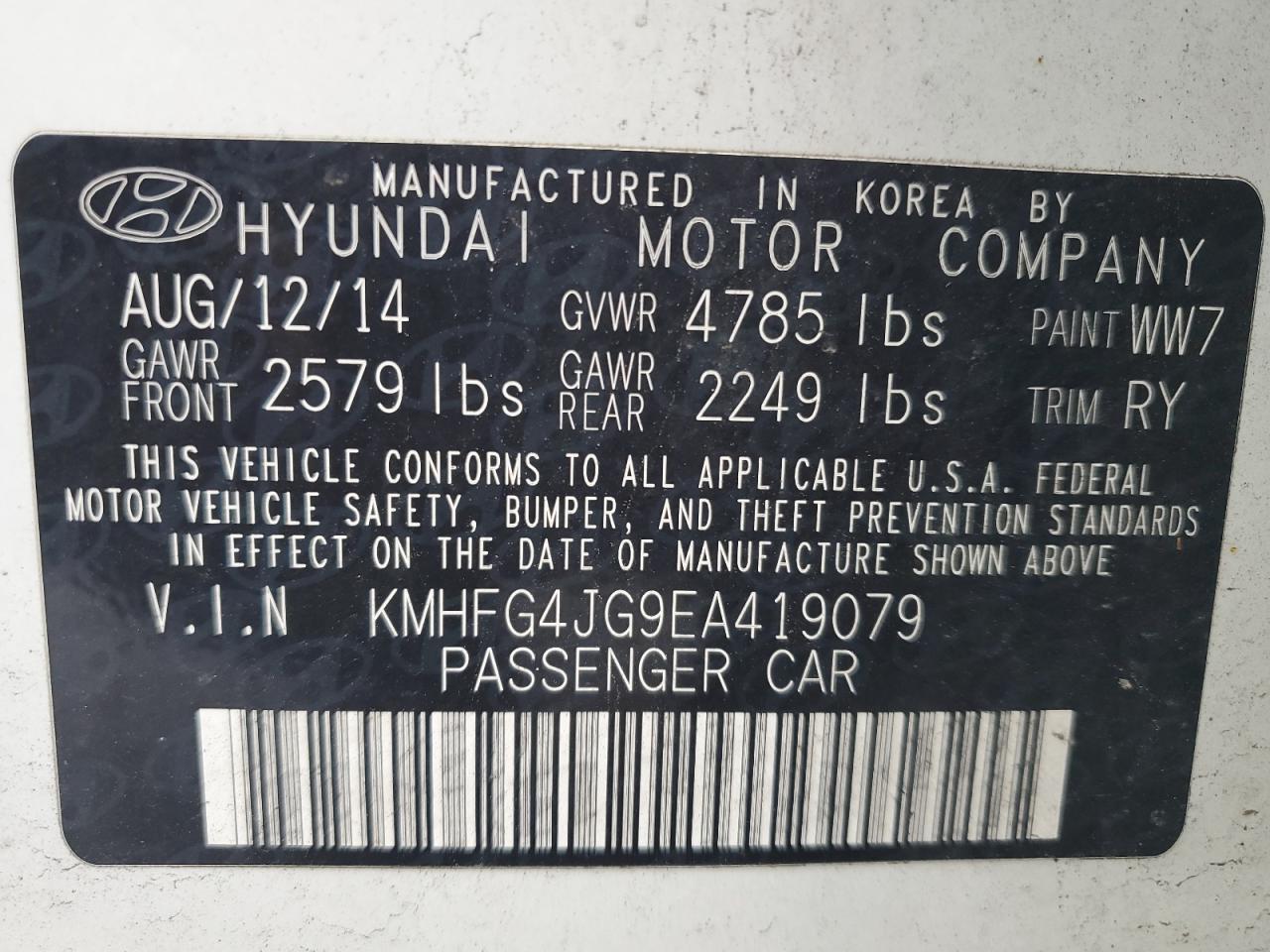 2014 Hyundai Azera VIN: KMHFG4JG9EA419079 Lot: 61906195