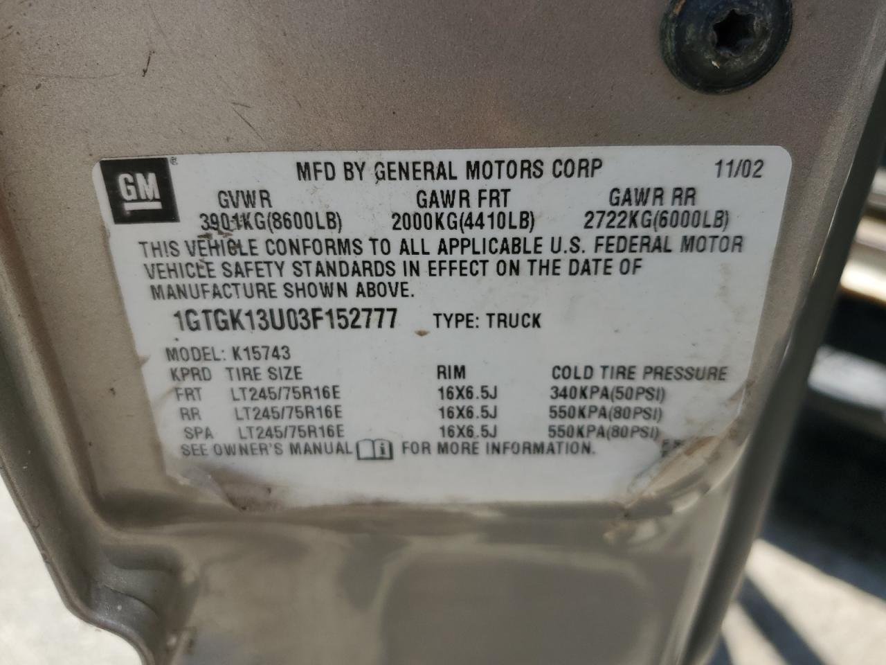 2003 GMC Sierra K1500 Heavy Duty VIN: 1GTGK13U03F152777 Lot: 61793445