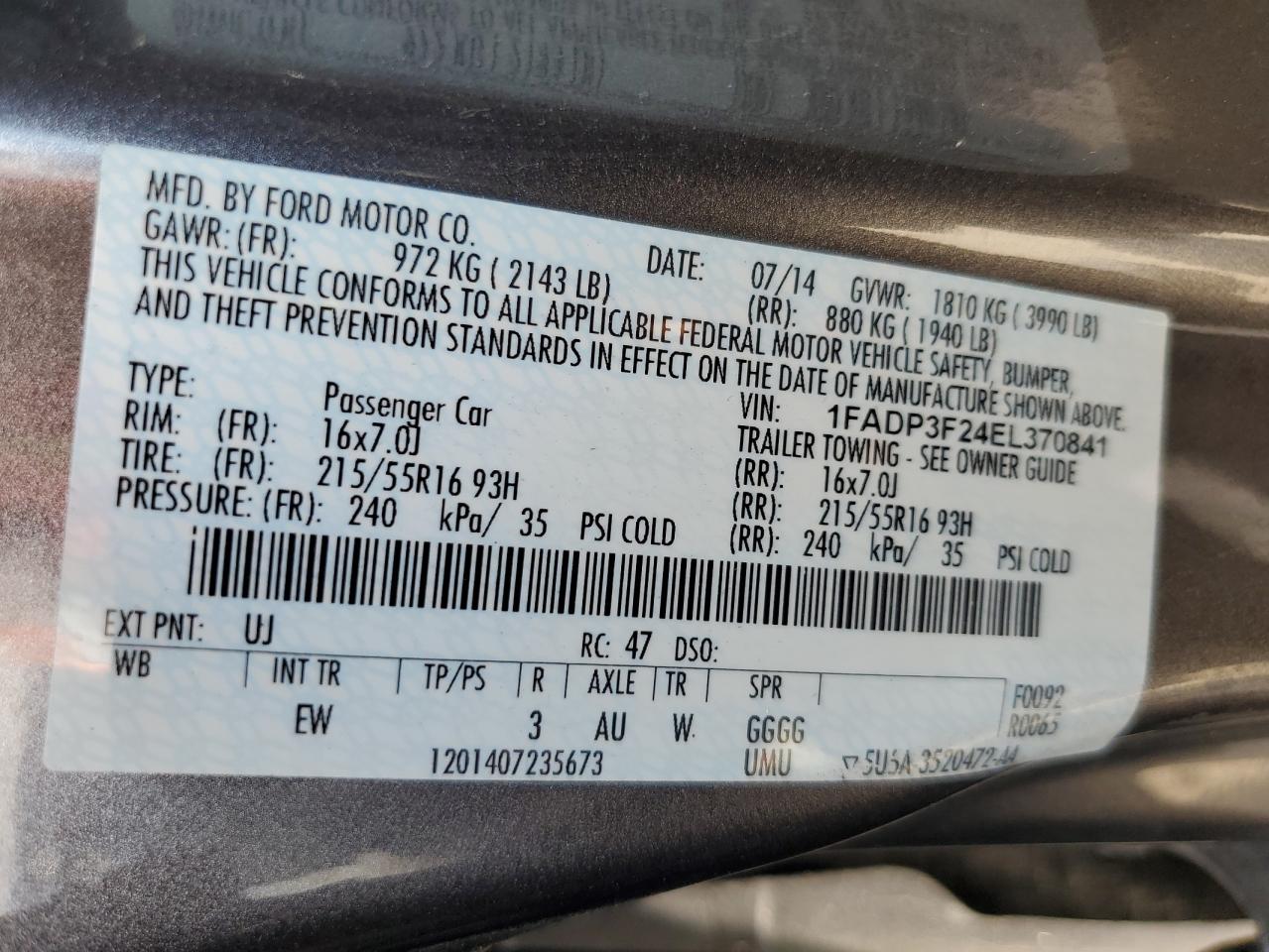 2014 Ford Focus Se VIN: 1FADP3F24EL370841 Lot: 61542565