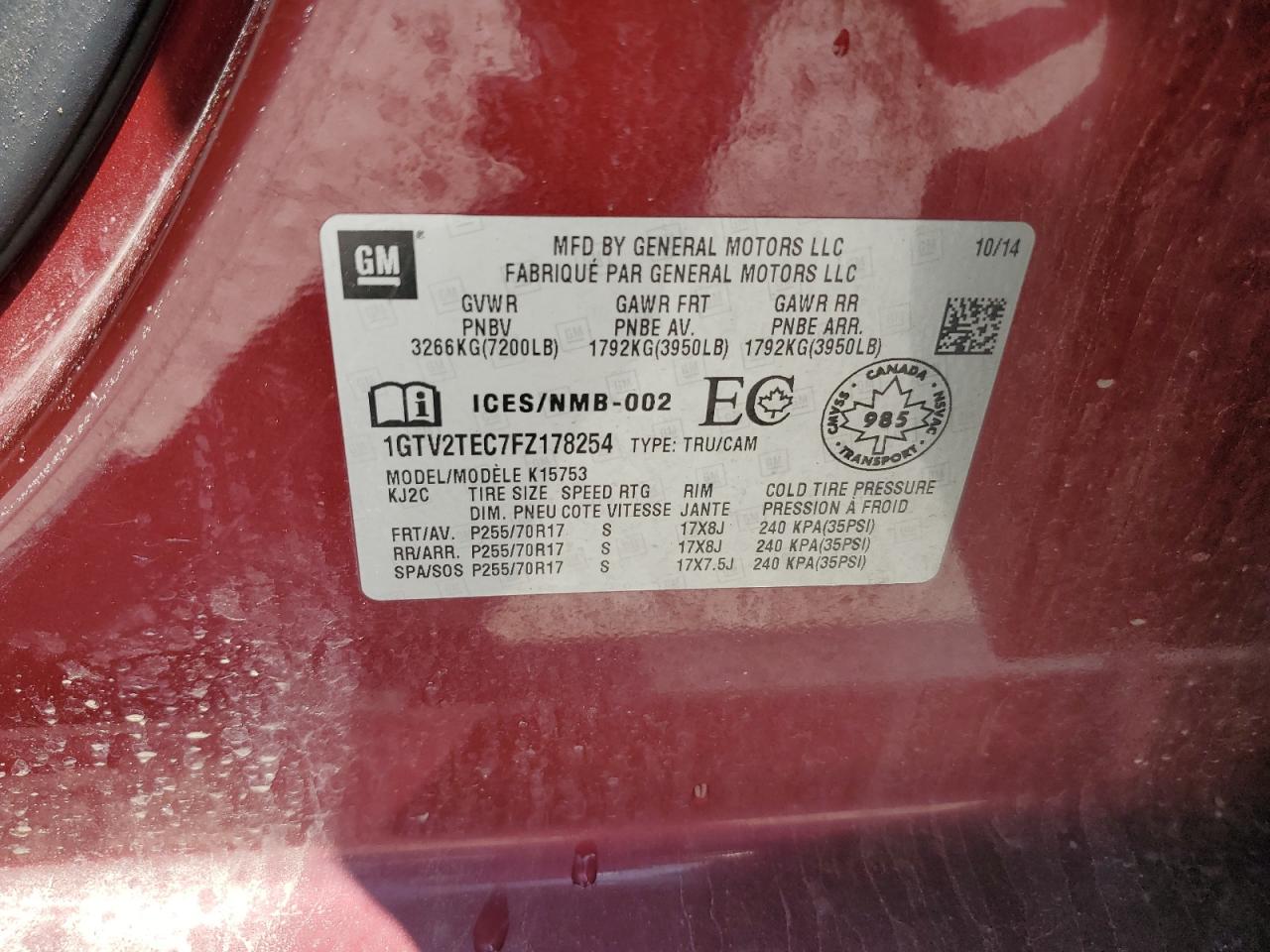 2015 GMC Sierra K1500 VIN: 1GTV2TEC7FZ178254 Lot: 61566535