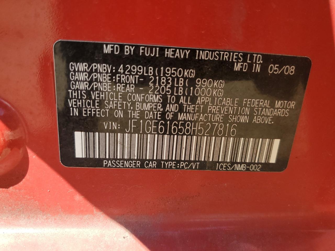 2008 Subaru Impreza 2.5I VIN: JF1GE61658H527816 Lot: 62541075
