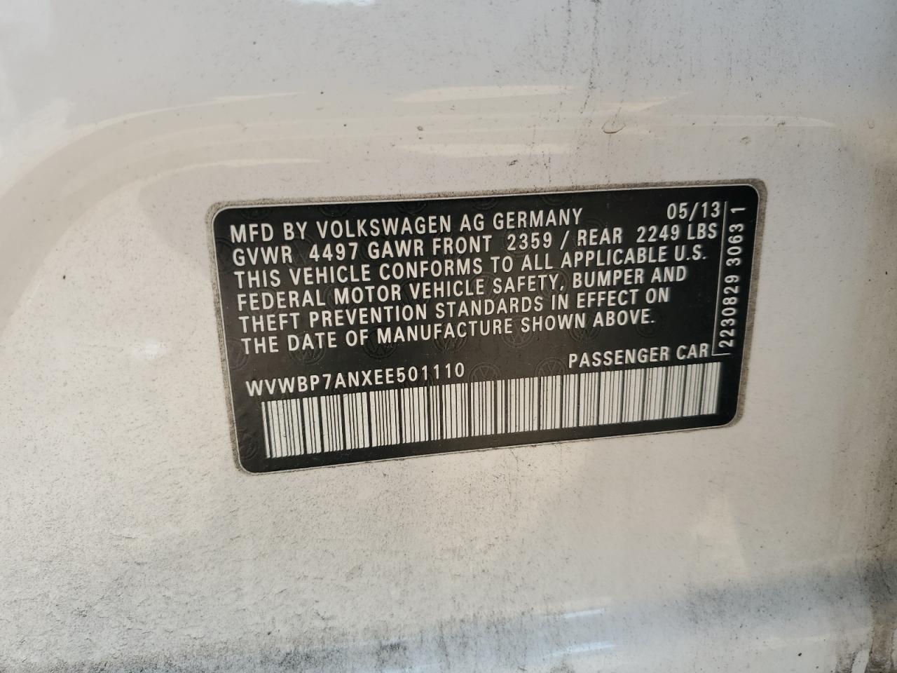 2014 Volkswagen Cc Sport VIN: WVWBP7ANXEE501110 Lot: 61901385