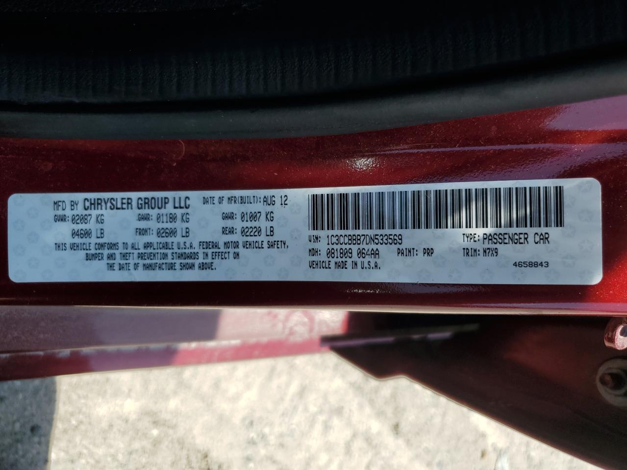 2013 Chrysler 200 Touring VIN: 1C3CCBBB7DN533569 Lot: 62047685