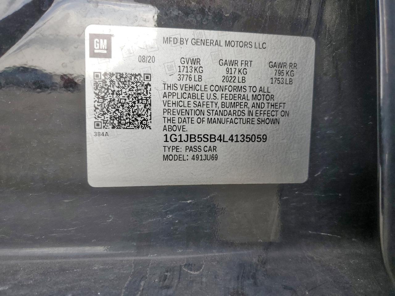 2020 Chevrolet Sonic Ls VIN: 1G1JB5SB4L4135059 Lot: 60516875