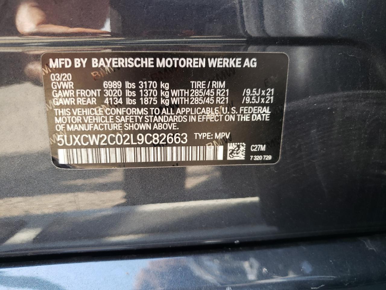 2020 BMW X7 xDrive40I VIN: 5UXCW2C02L9C82663 Lot: 62014385