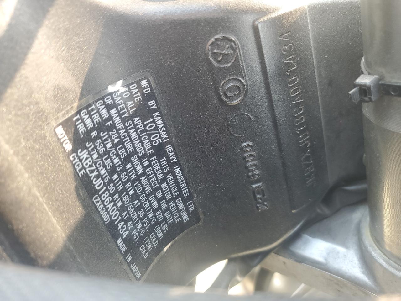 2006 Kawasaki Zx636 C1 VIN: JKBZXJD186A001434 Lot: 59036125