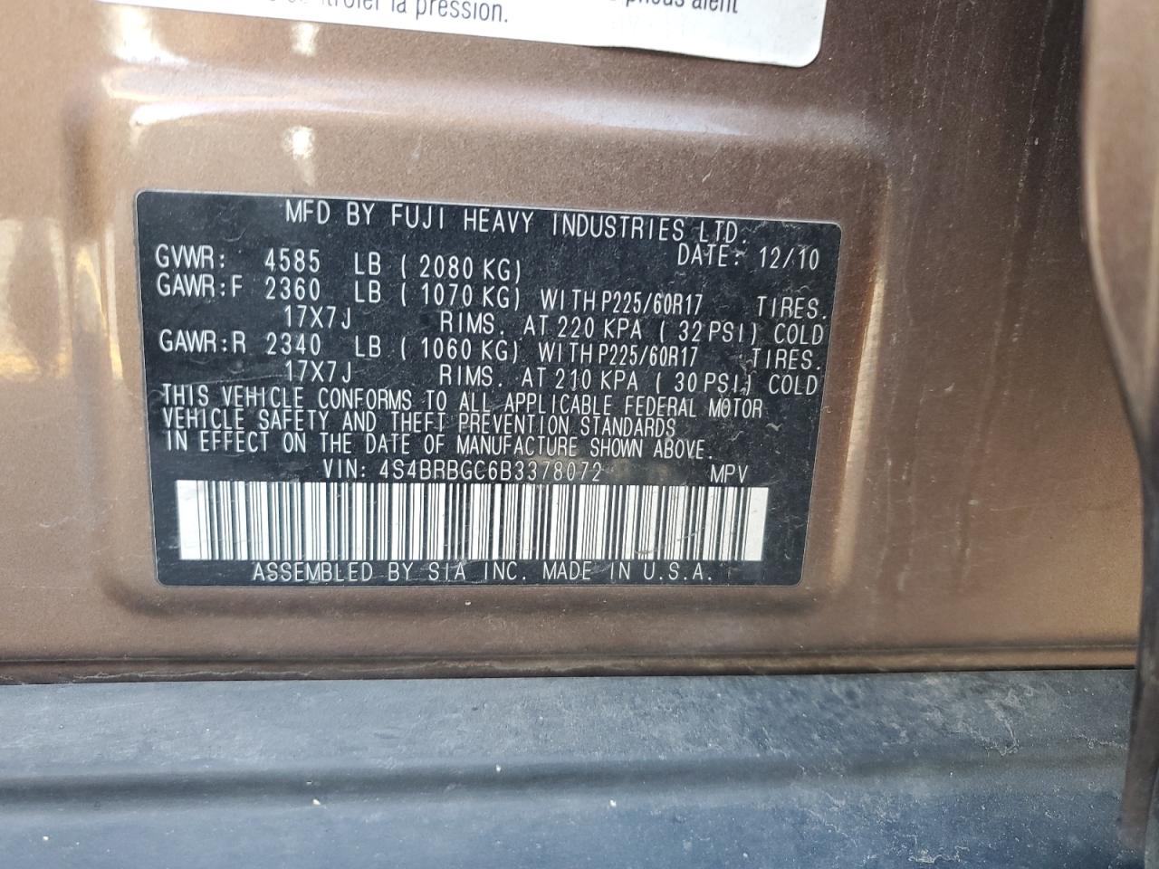 2011 Subaru Outback 2.5I Premium VIN: 4S4BRBGC6B3378072 Lot: 61427335
