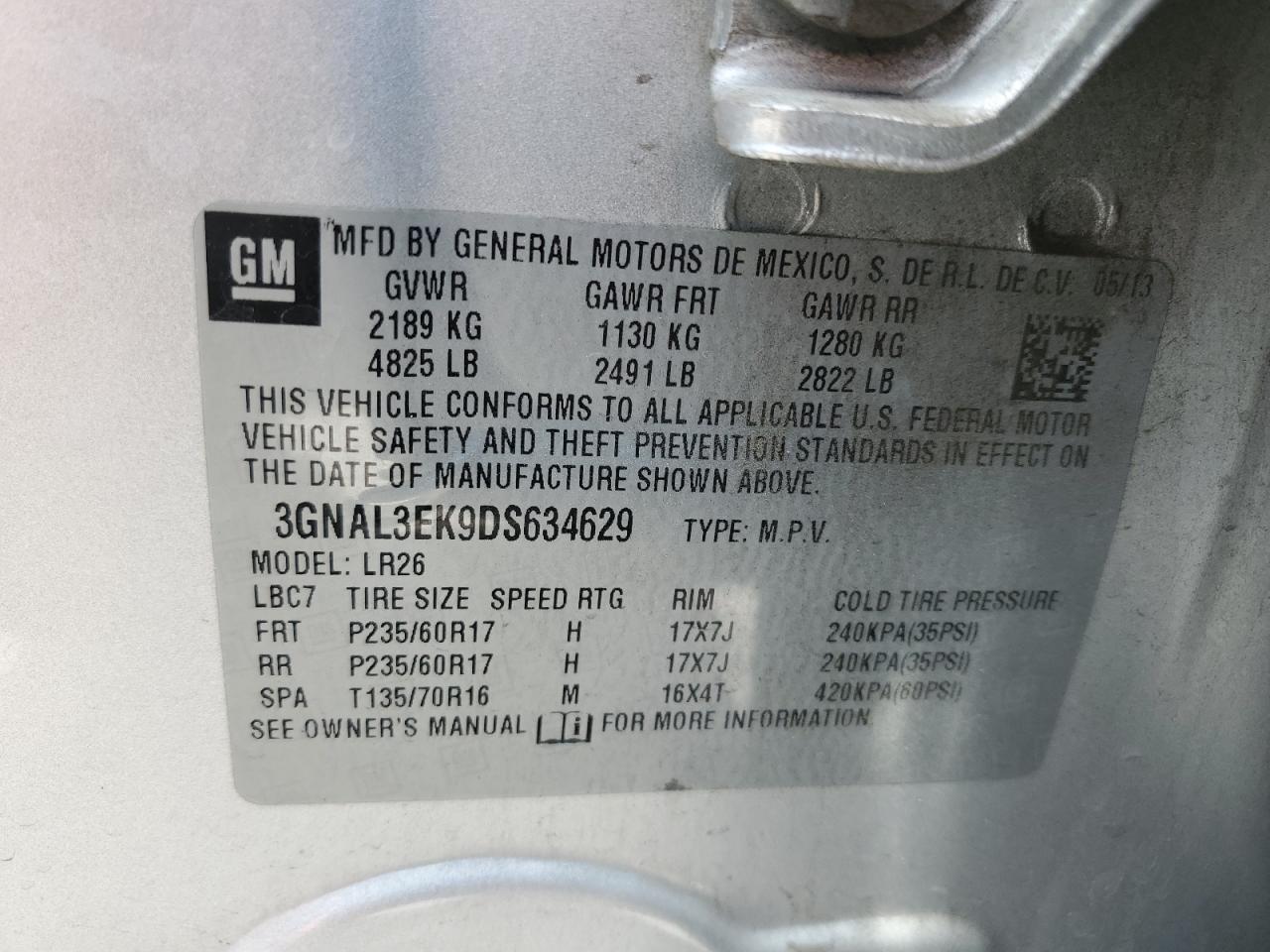 2013 Chevrolet Captiva Lt VIN: 3GNAL3EK9DS634629 Lot: 62682605