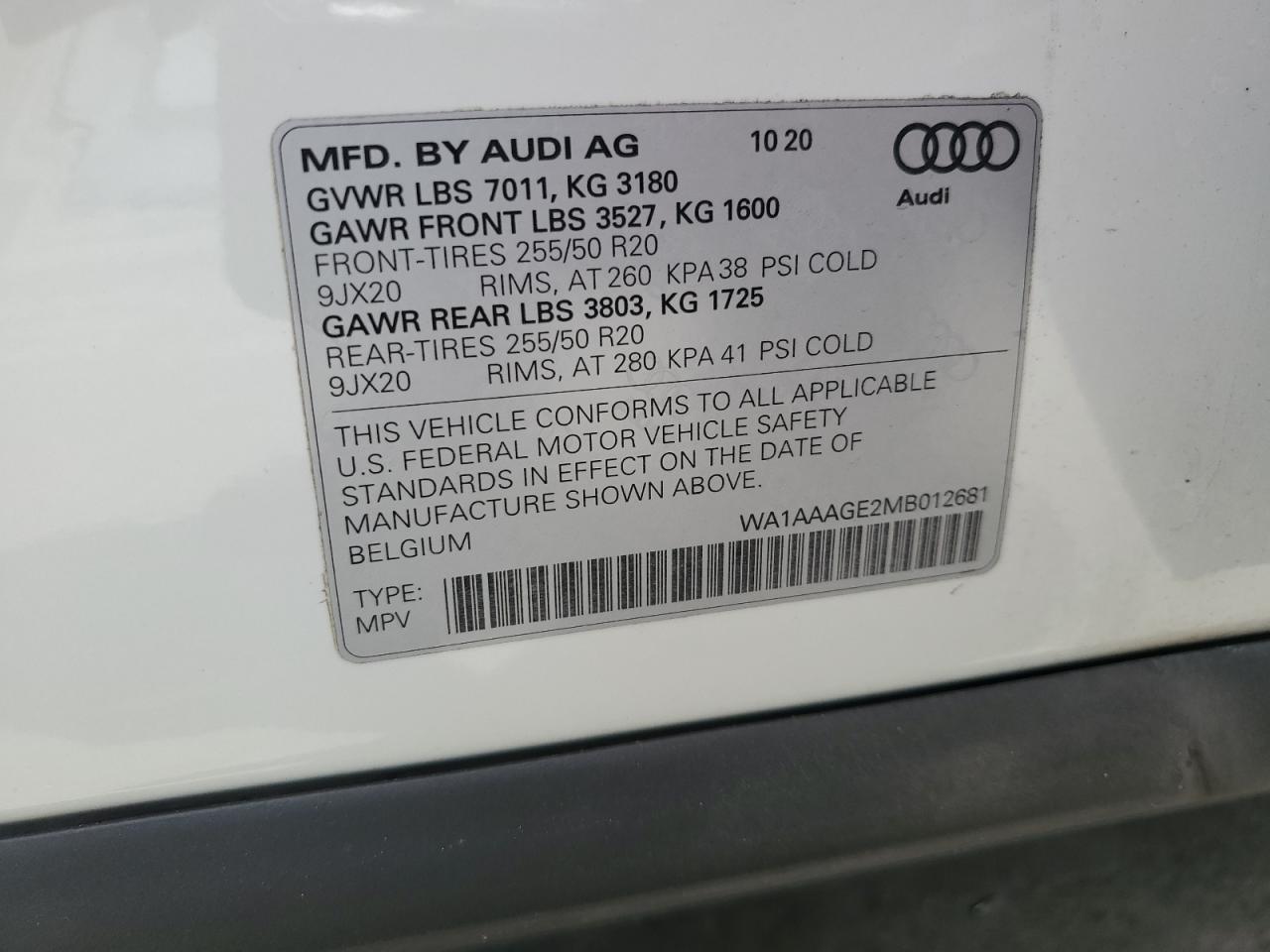 2021 Audi E-Tron Premium VIN: WA1AAAGE2MB012681 Lot: 62984765