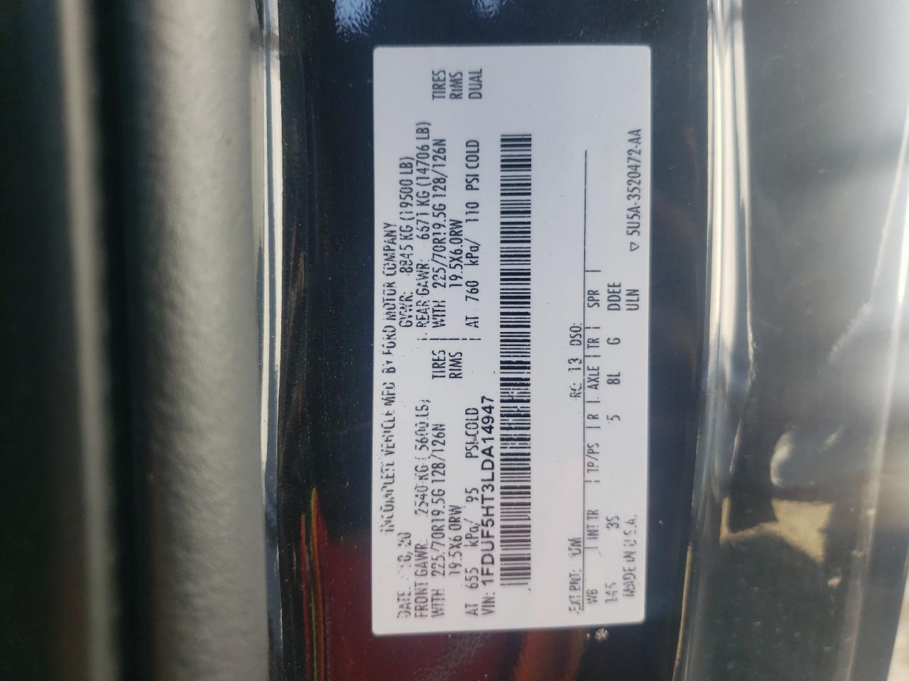 2020 Ford F550 Super Duty VIN: 1FDUF5HT3LDA14947 Lot: 61834475