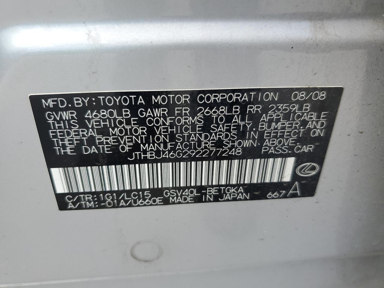 2009 Lexus Es 350 VIN: JTHBJ46G292277248 Lot: 61044275