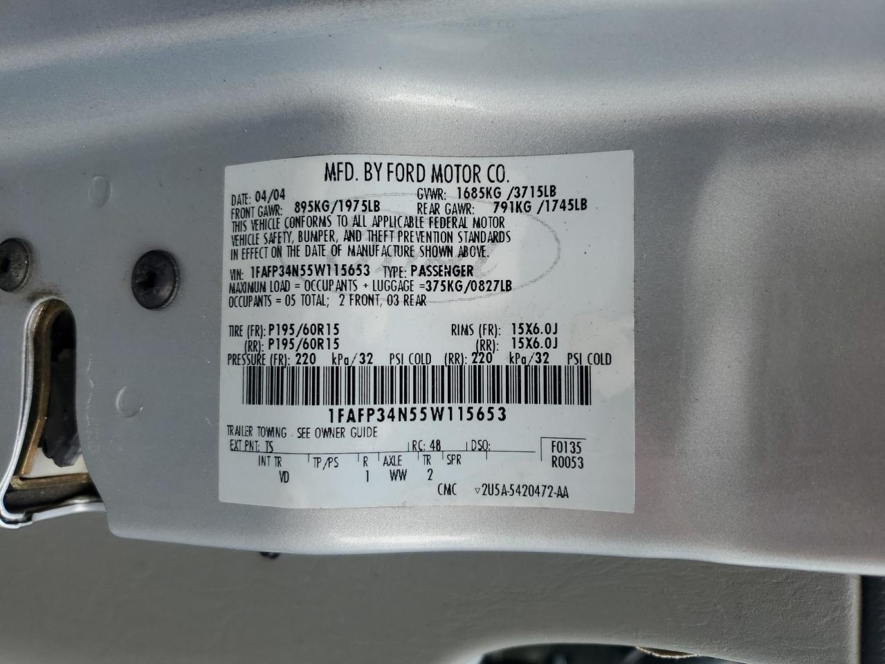 2005 Ford Focus Zx4 VIN: 1FAFP34N55W115653 Lot: 63043315