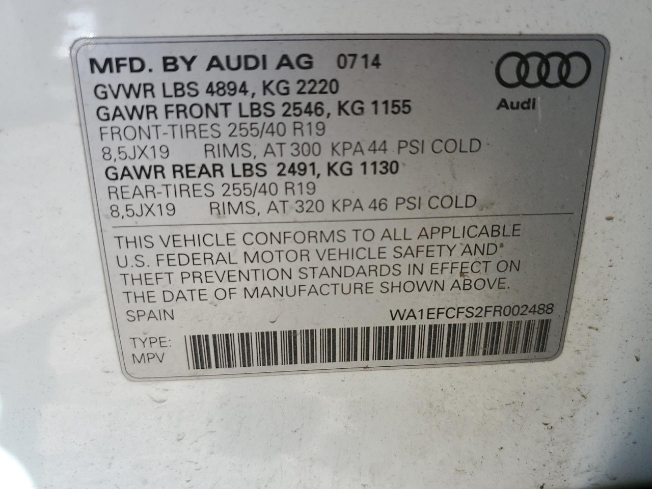 2015 Audi Q3 Premium Plus VIN: WA1EFCFS2FR002488 Lot: 61646535