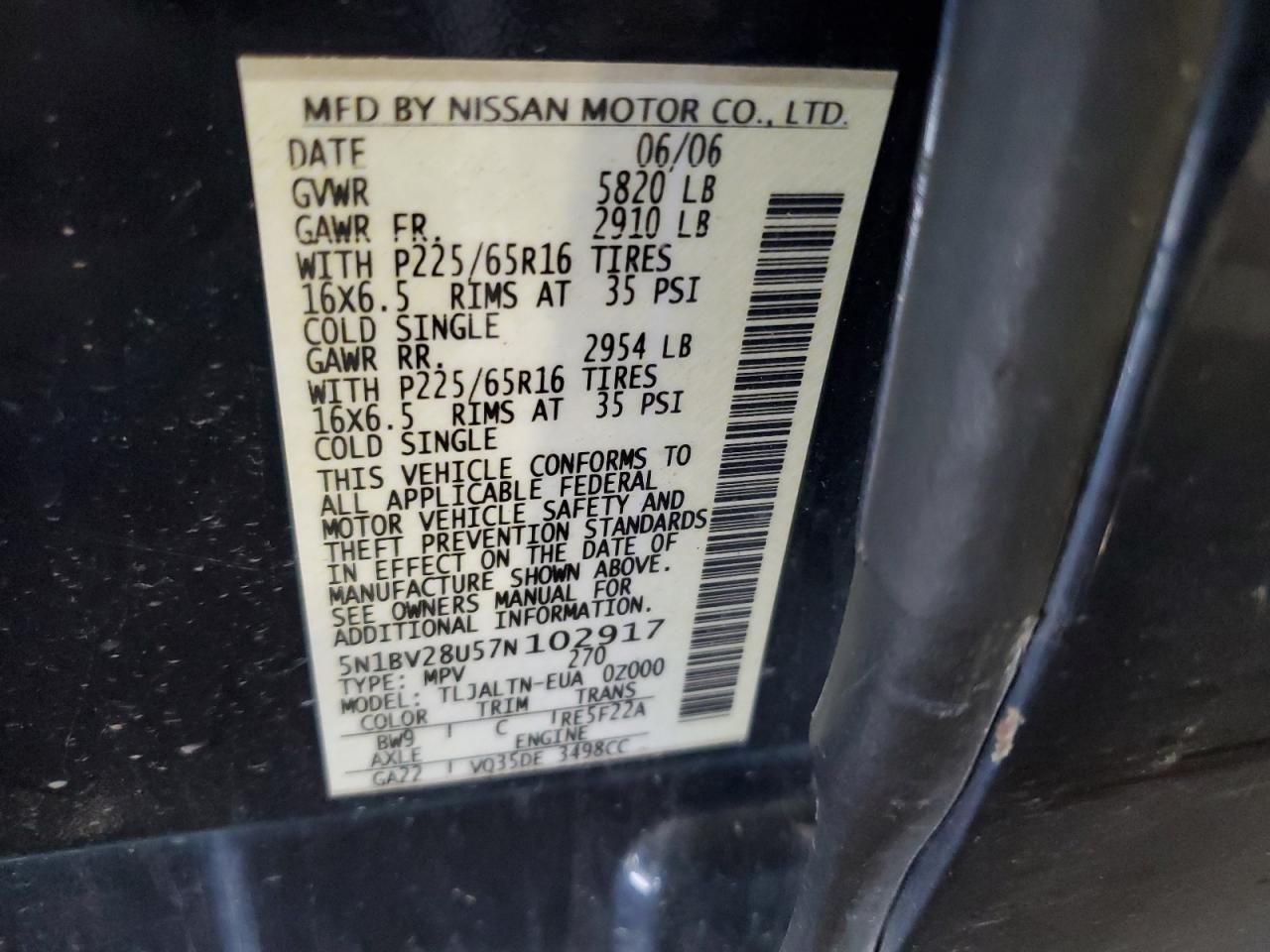 2007 Nissan Quest S VIN: 5N1BV28U57N102917 Lot: 61256475