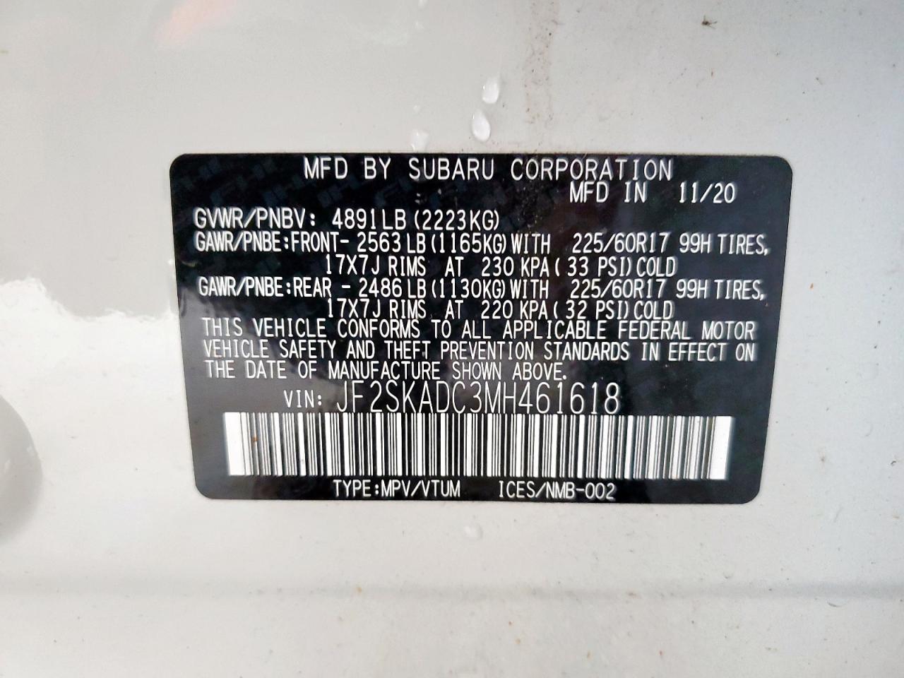 2021 Subaru Forester VIN: JF2SKADC3MH461618 Lot: 60704305