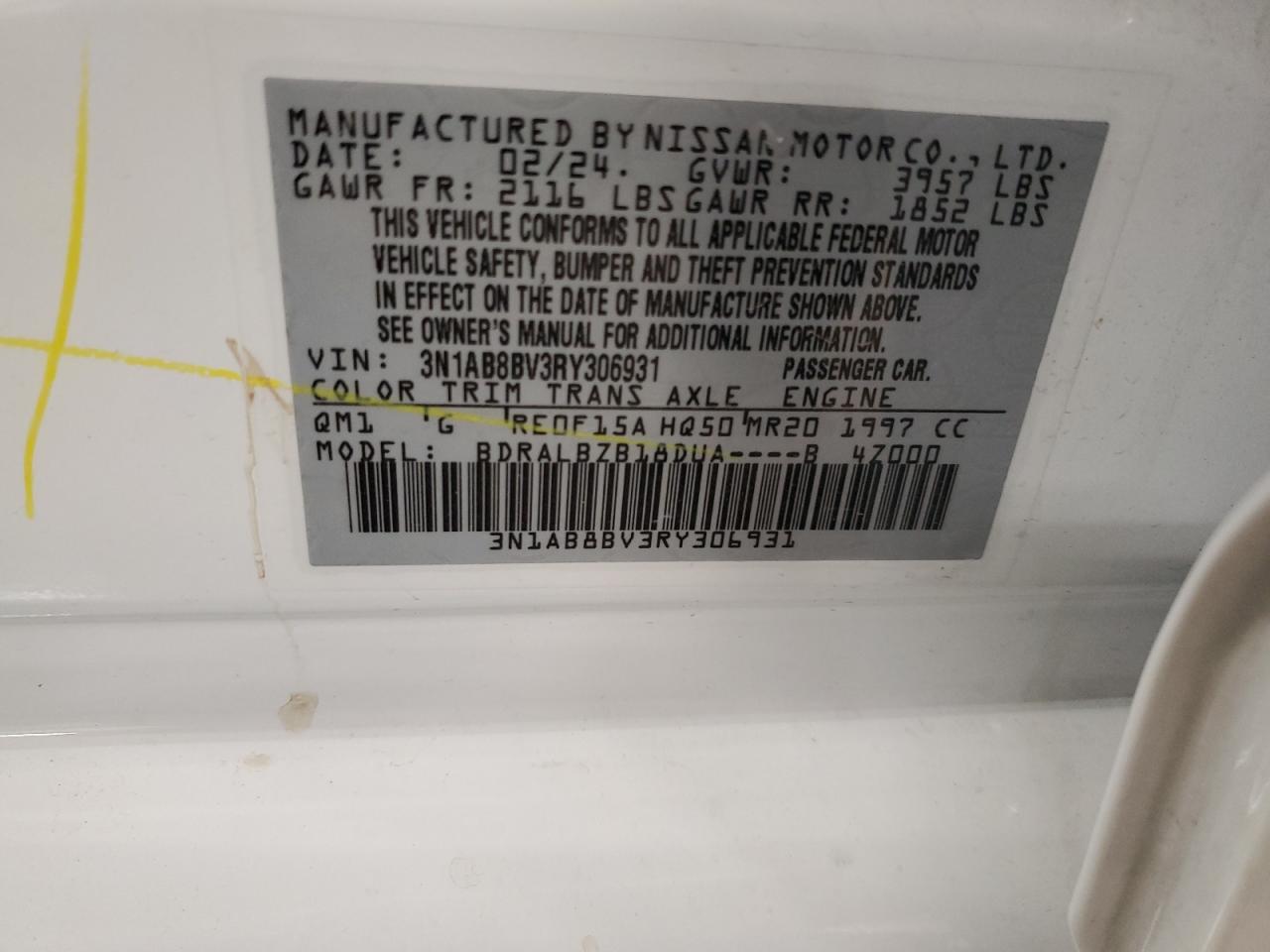 2024 Nissan Sentra S VIN: 3N1AB8BV3RY306931 Lot: 62193915