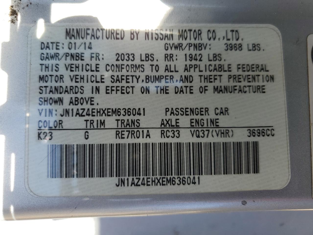 2014 Nissan 370Z Base VIN: JN1AZ4EHXEM636041 Lot: 60835255