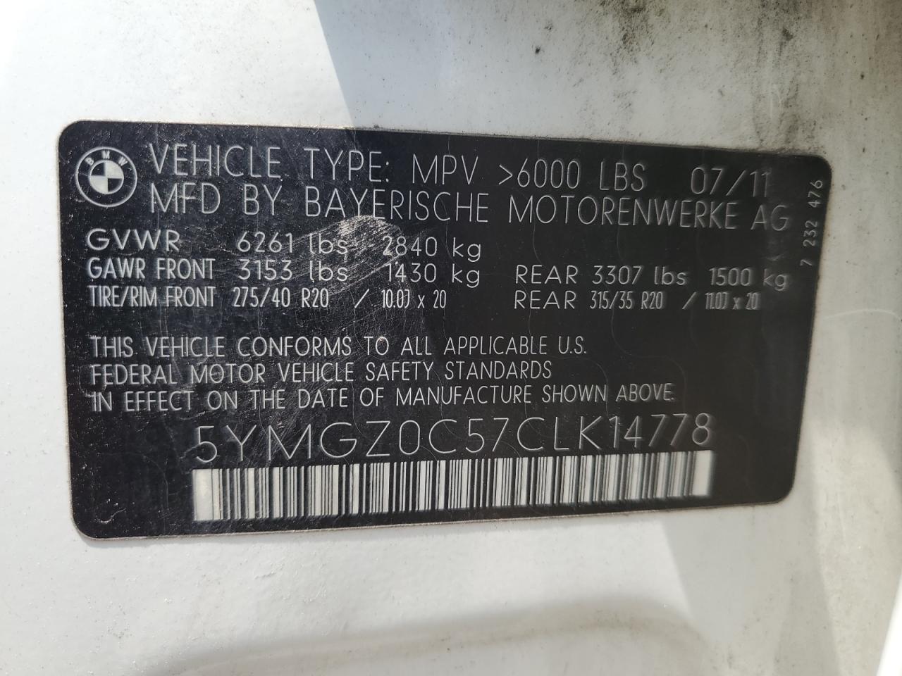 2012 BMW X6 M VIN: 5YMGZ0C57CLK14778 Lot: 62782535