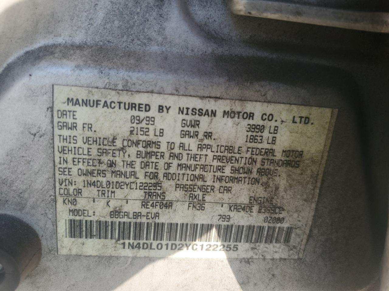 2000 Nissan Altima Xe VIN: 1N4DL01D2YC122255 Lot: 61621545